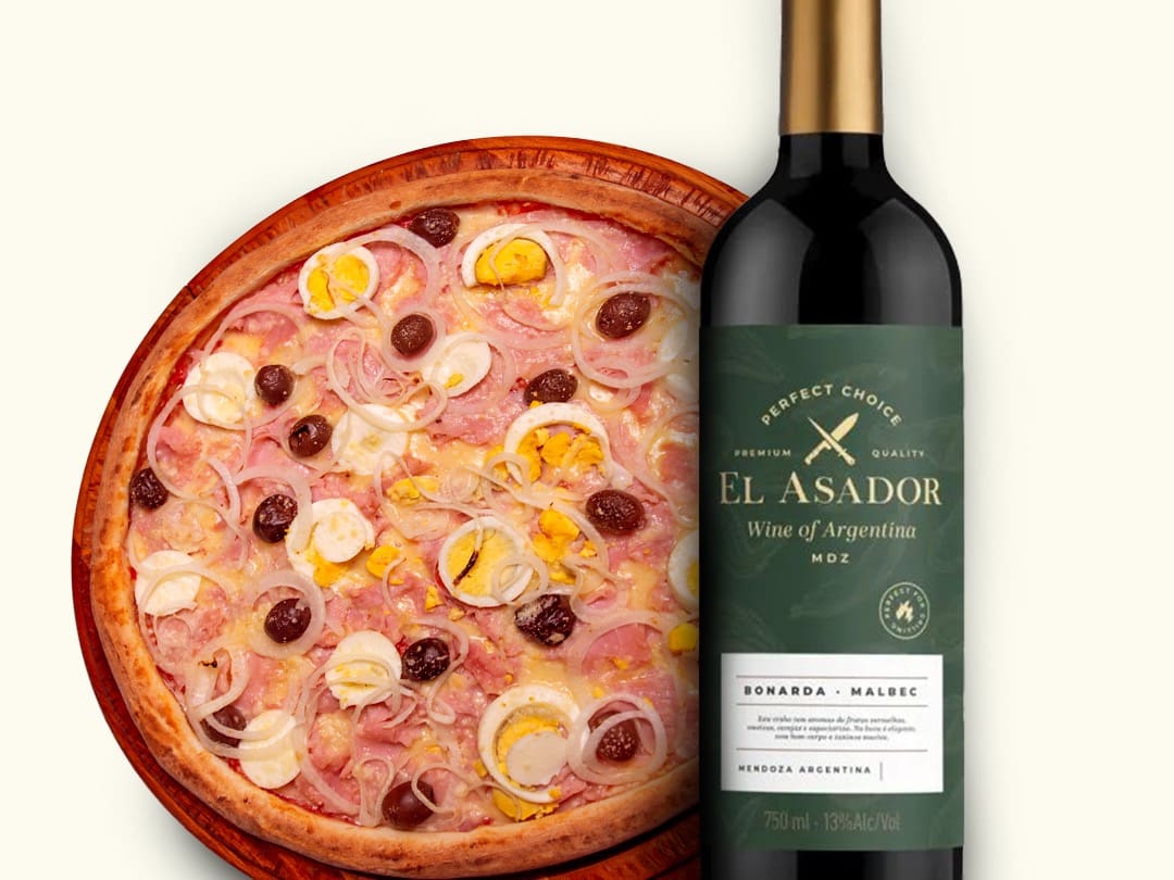 Combo Tradicional: Pizza 2 sabores + Vinho (El Asador - Bonarda / Malbec)